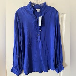 New! Chico’s Designer Modal Blue Ruffled Blouse with Detailed Neckline Size L